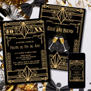 Convites Festa de Ano Novo Espanhola Art Déco em Ouro dos A