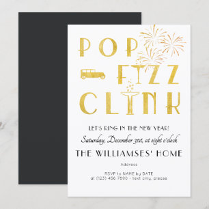 Convites Festa de Ano Novo Gatsby Pop Fizz Clink Art Déco