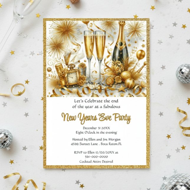 Convites Festa de Ano Novo Glamourosa em Dourado sobre Bran (Elegant Gold Glitter New Years Eve Party Template Invitation )