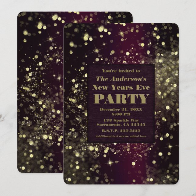 Convites Festa de Ano Novo Luzes Borbulhantes Ouro Borgonha (Frente/Verso)