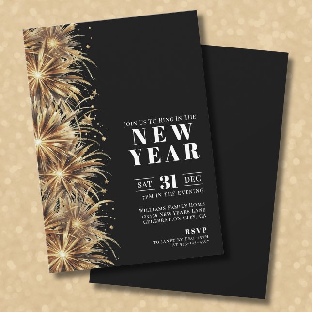 Convites Festa de Ano Novo Modern Black Gold (Modern Black Gold New Year's Eve Party Invitation)