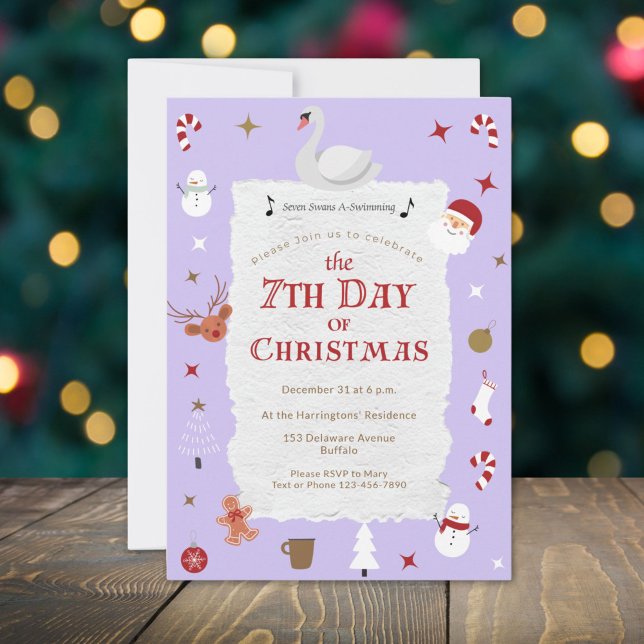 Convites Festa de Ano Novo no 7º Dia de Natal (This retro purple invitation lets you celebrate New Year's Eve as the 7th Day of Christmas.)