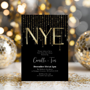 Convites Festa de Ano Novo Preta e Dourada NYE
