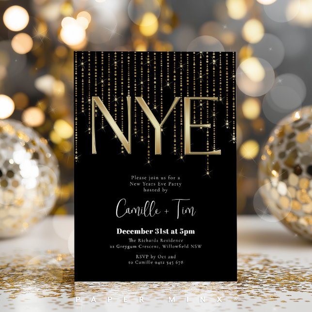 Convites Festa de Ano Novo Preta e Dourada NYE (NYE party invitation in gold and black )