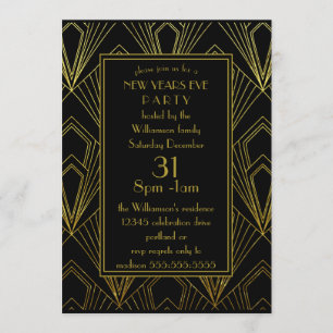 Convites Festa de Ano Novo Preto e Dourado Art Déco