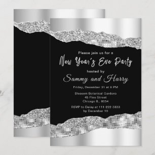 Convites Festa de Ano Novo Silver and Black Glam Tears