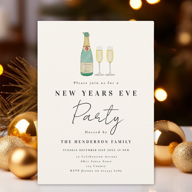 Convites Festa de Ano Novo Simples Moderna (Minimalist watercolor New Year’s Eve party invitation )