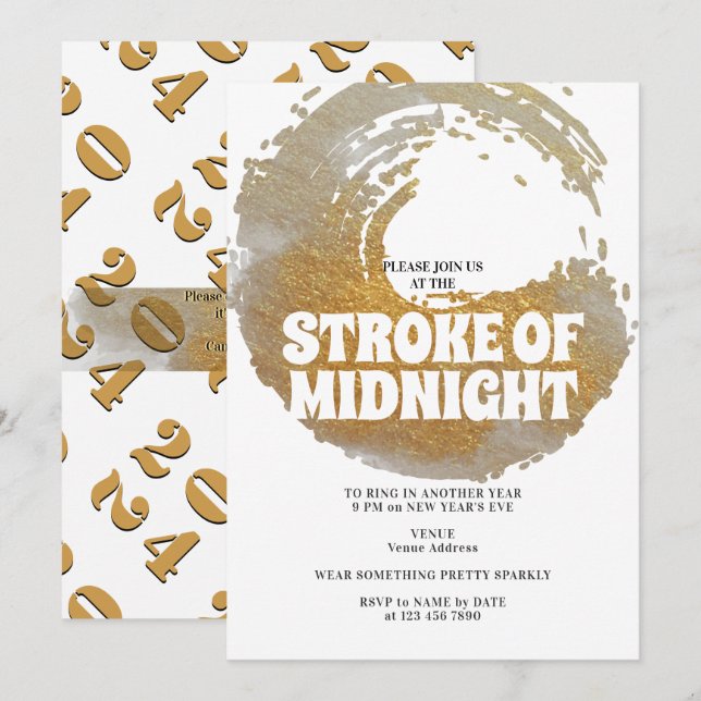 Convites Festa de Ano Novo Stroke of Midnight Black Gold (Frente/Verso)
