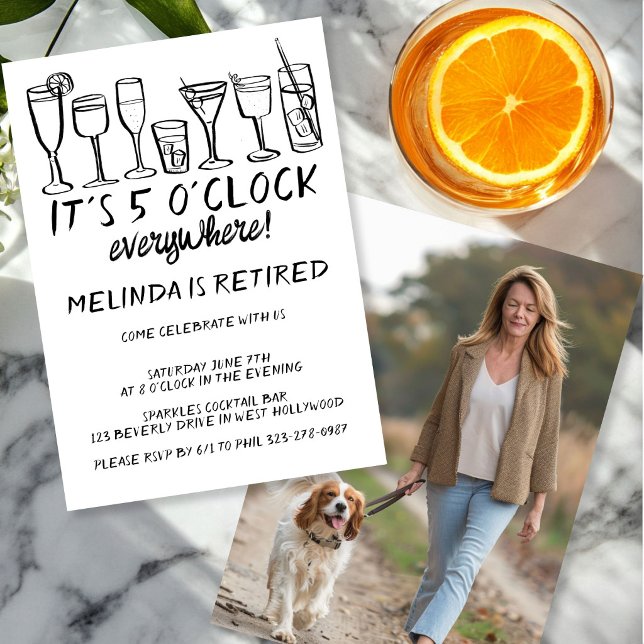 Convites FESTA DE APOSENTADORIA 17H EM TODO LUGAR Drinks de (RETIREMENT PARTY 5PM EVERYWHERE Cocktail Drinks Funny Photo Invitation
)