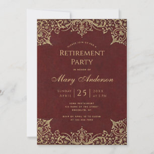Convites Festa de Aposentadoria Borgonha Dourado Vintage El