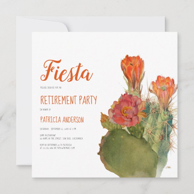 Convites Festa de Aposentadoria Cacto Floral Rótulo Aquarel (Frente)