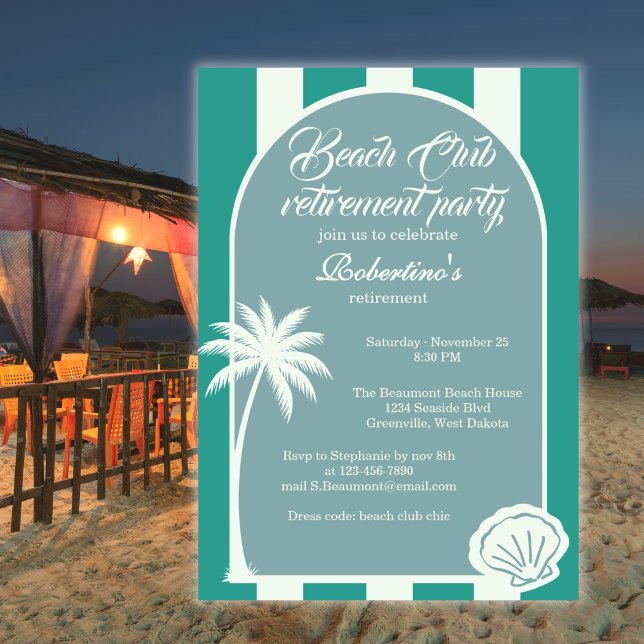 Convites Festa de Aposentadoria Chic Coastal Stripe Beach C (Criador carregado)