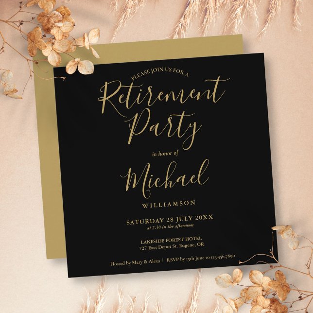 Convites Festa de Aposentadoria com Elegante Letra Dourada  (Black And Gold Elegant Script Retirement Party Invitation)
