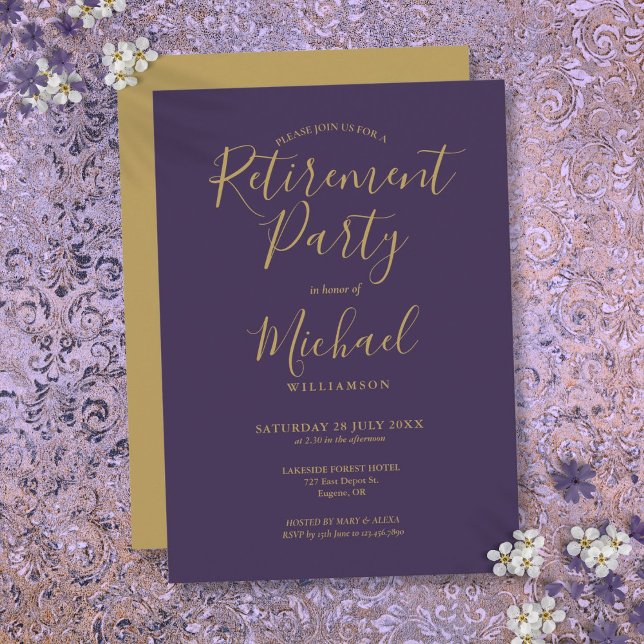 Convites Festa de Aposentadoria com Elegante Letra Roxa e D (Elegant Purple And Gold Script Retirement Party Invitation)