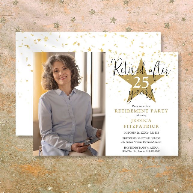 Convites Festa de Aposentadoria com Foto de Estrelas Dourad (Elegant Gold Stars Photo Retirement Party Invitation)