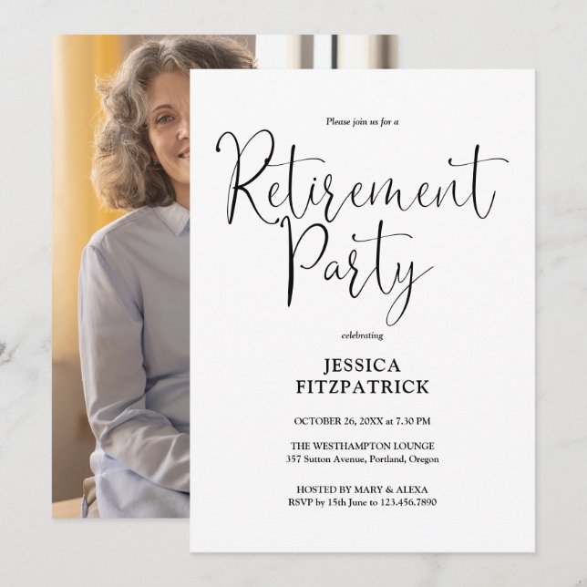 Convites Festa de Aposentadoria com Foto em Preto e Branco  (Frente/Verso)