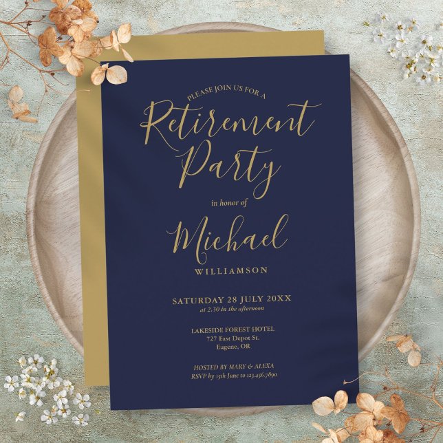 Convites Festa de Aposentadoria com Letra Dourada e Azul Ma (Navy Blue And Gold Script Retirement Party Invitation)