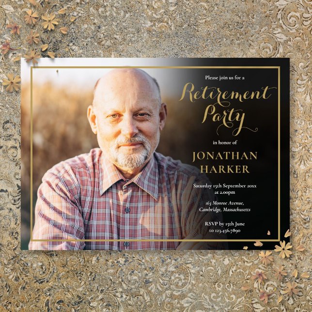 Convites Festa de Aposentadoria com Script Classic Gold Pho (Classic Gold Script Retirement Party Photo Invitation)
