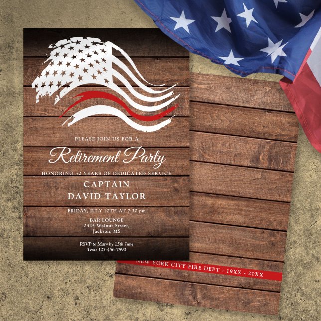 Convites Festa de Aposentadoria de Bombeiro Thin Red Line R (Firefighter Retirement Party Thin Red Line Rustic Invitation)
