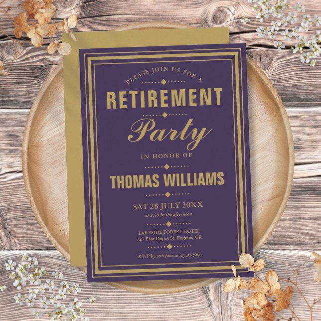 Convites Festa de Aposentadoria Elegante Moderna Roxa e Dou (Purple And Gold Modern Elegant Retirement Party Invitation)