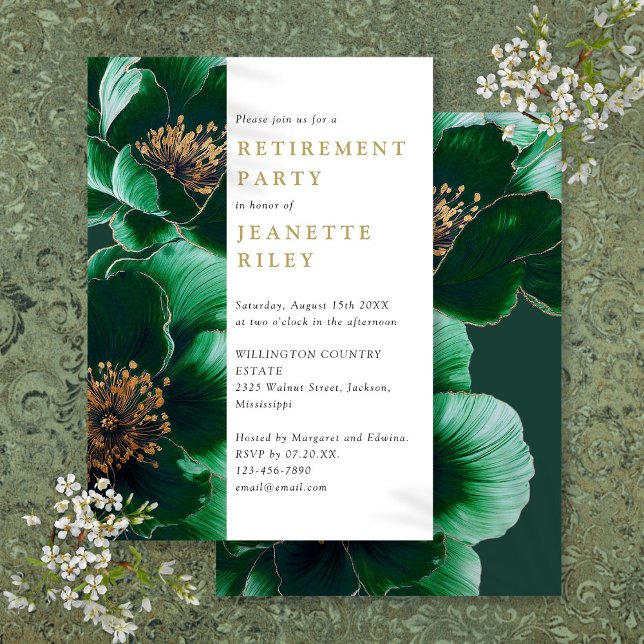 Convites Festa de Aposentadoria Floral Verde e Dourado Eleg (Elegant Green And Gold Floral Retirement Party Invitation)