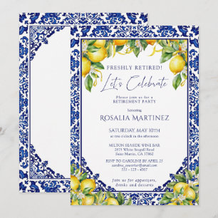 Convites Festa de Aposentadoria Limão com Azulejo Azul no E