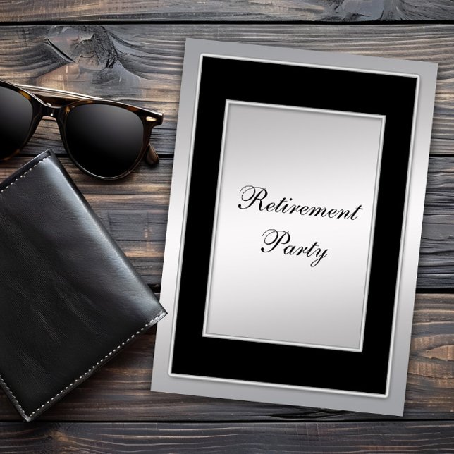 Convites Festa de Aposentadoria Preta e Prata para Homens (Mans classic retirement party invitation. All text, font and wording can be changed for your event.)