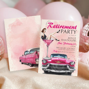 Convites Festa de Aposentadoria Retro Glam Rosa 1950 Carro