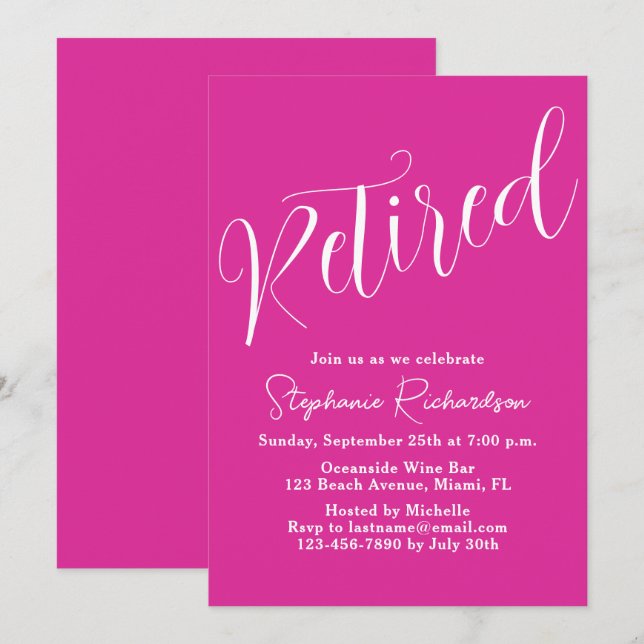 Convites Festa de Aposentadoria Rosa Moderno Simples (Frente/Verso)
