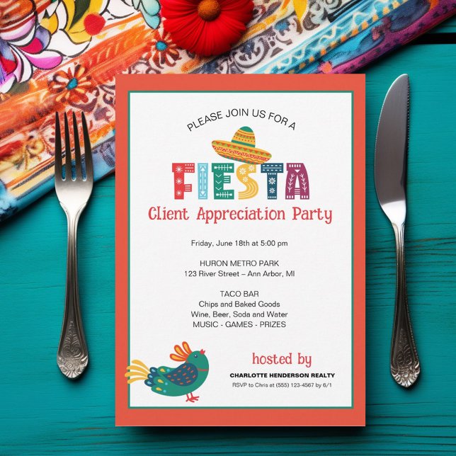 Convites Festa de Apreciação de Cliente (Fiesta theme client appreciation party invitation.)