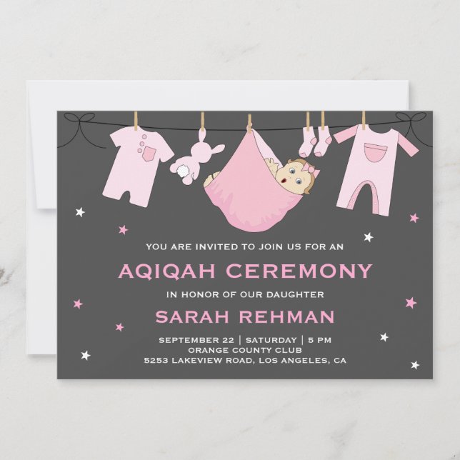 Convites Festa de Aqiqah de Bebê Menina Rosa Fofa (Frente)