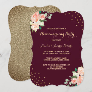 Convites Festa de Aquecimento Burgundy Gold Floral Confetti