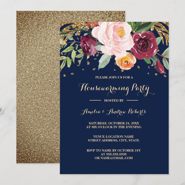 Convites Festa de Aquecimento Burgundy Navy Floral Glitter (Frente/Verso)