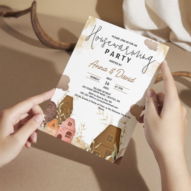 Convites Festa de Aquecimento com Desenho à Mão Rústico (Rustic Hand Drawing Housewarming Party Invitation farmhouse country watercolor brown chic towns )