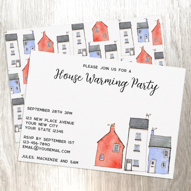 Convites Festa de Aquecimento de Casas Aquáticas (Watercolor houses custom personalized housewarming party invitation)