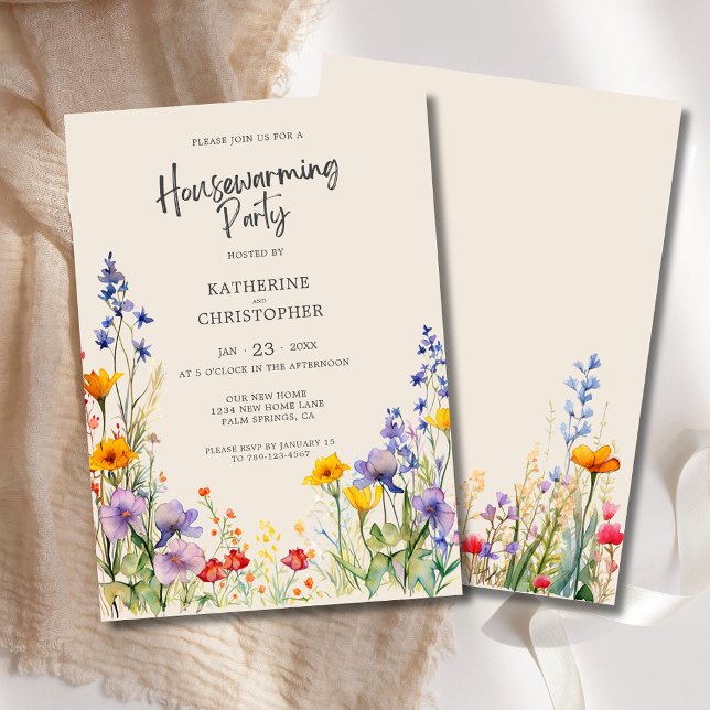 Convites Festa de Aquecimento Doméstico Colorida de Flores  (Colorful Watercolor Wildflowers Housewarming Party Invitation with Couple's Names, Details.)