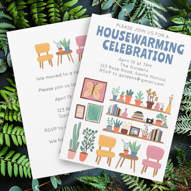 Convites Festa de Aquecimento Doméstico Convidam Prateleira (Housewarming Party Invite Cute Living Room Shelves
Custom Invitation Card)