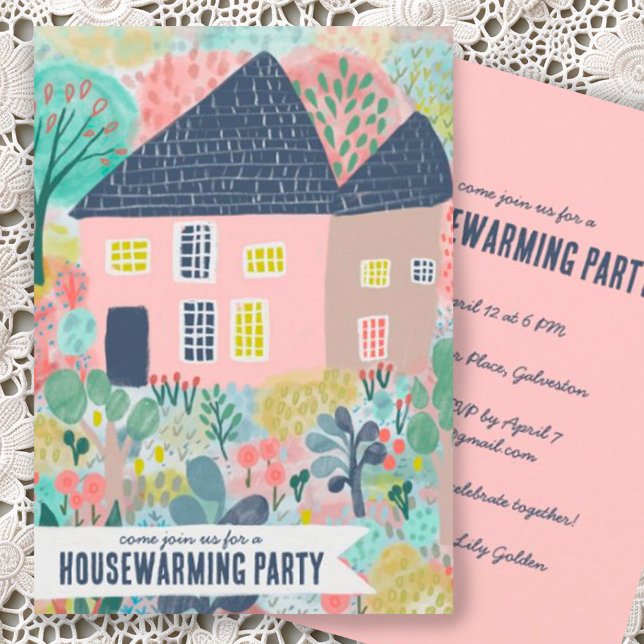 Convites Festa de Aquecimento Doméstico do Novo Jardim Domé (Custom housewarming party invite with handmade house and garden cute illustration watercolor)