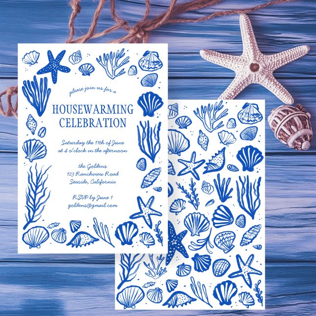 Convites FESTA DE AQUECIMENTO DOMÉSTICO Personalizado de Ca (Beach Blue Seashells Custom HOUSEWARMING PARTY New Home Address Party Invitation
)
