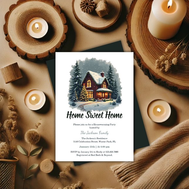 Convites Festa de Aquecimento Familiar com Água Doce Casa (Watercolor Sweet Home Christmas Housewarming Party Invitation)