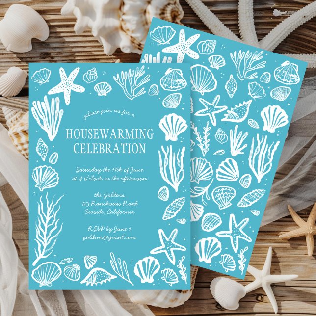 Convites FESTA DE AQUECIMENTO HABITUAL DA Seafoam Seashelm (Seafoam Seashells Custom HOUSEWARMING PARTY Invitation Beach Ocean Coast Sea Shells Blue New Home
)