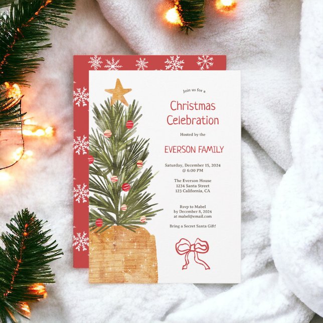 Convites Festa de Árvore de Natal Boho Red e White Scandi (Boho Red and White Scandi Christmas Tree Party Invitation)
