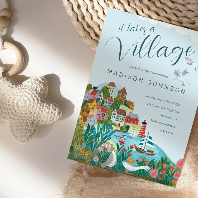 Convites Festa de baby shower de menino(a) de uma vila (it takes a village gender neutral baby shower invitation)