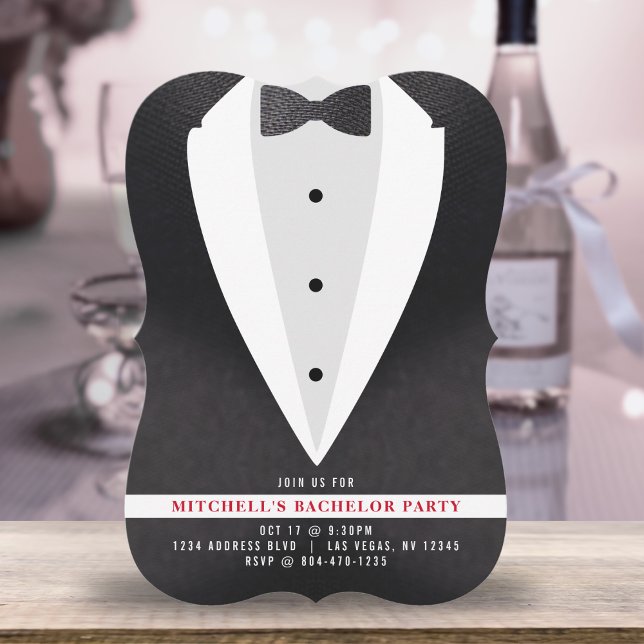 Convites Festa de Bachelor Preto e Torta (Black Suit & Tie Bachelor Party Invitation
)
