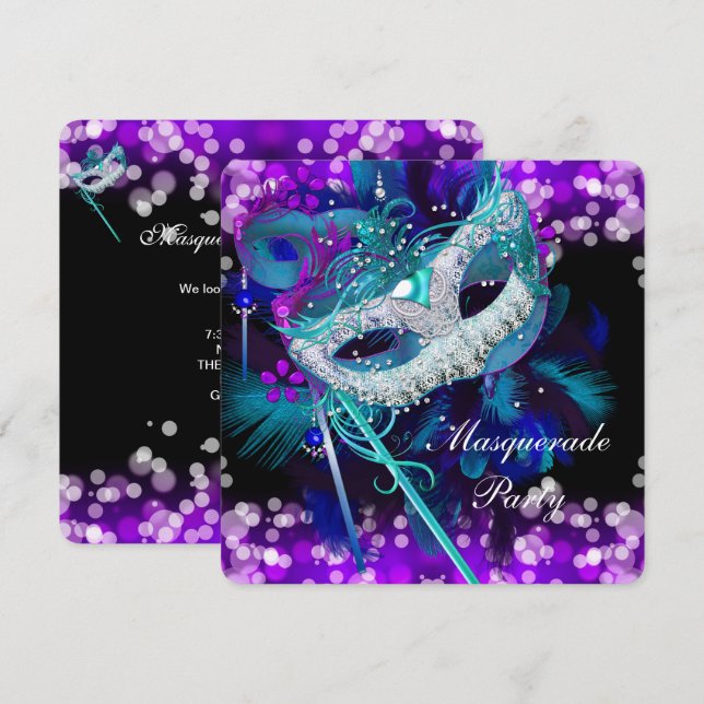 Convites Festa de Baile de Máscaras Azul Teal Roxo Máscara  (Frente/Verso)