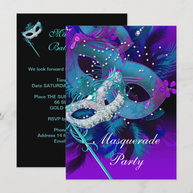 Convites Festa de Baile de Máscaras Azul Turquesa Roxo Másc (Frente/Verso)
