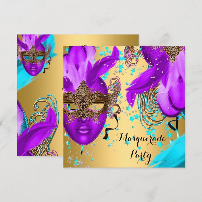 Convites Festa de Baile de Máscaras Roxo Azul Turquesa Másc (Frente/Verso)