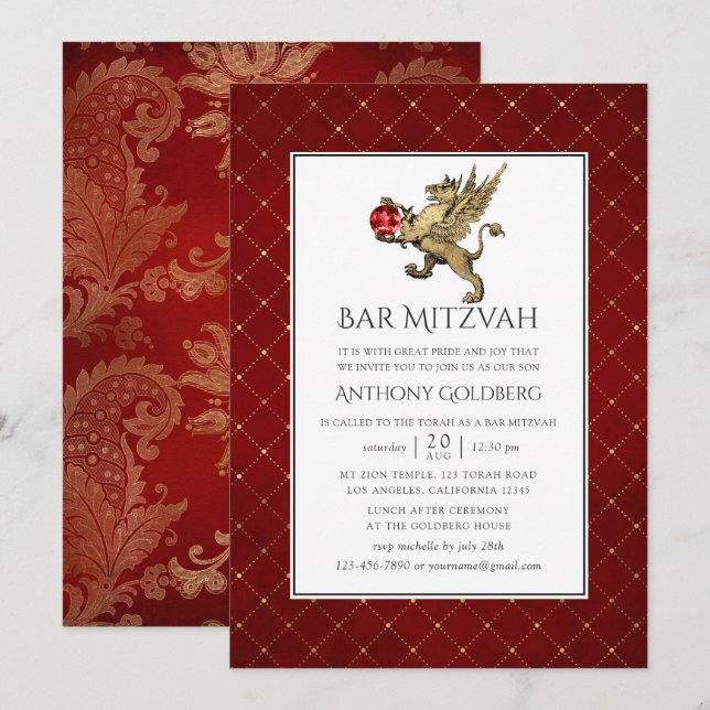 Convites Festa de Bar Mitzvah Vermelha e Dourada em Damasco (Frente/Verso)
