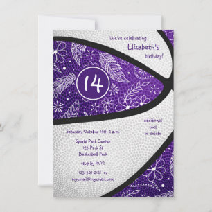 Convites festa de basquete feminino roxo branco boho