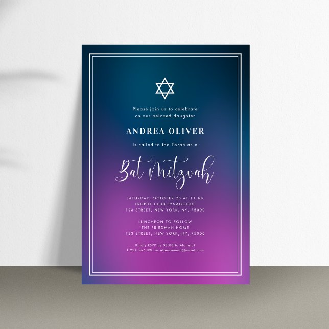 Convites Festa de Bat Mitzvah com Gradiente Roxo Azul e Mol (Criador carregado)